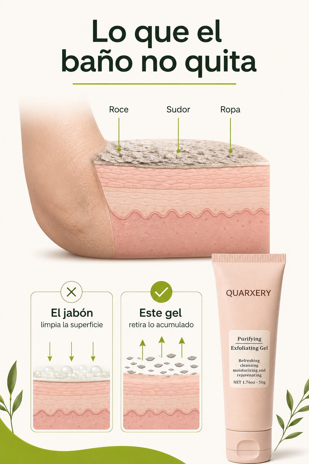 Lo que el baño no quita: la piel muerta se acumula por el roce, el sudor y la ropa; el jabón limpia la superficie, este gel retira lo acumulado