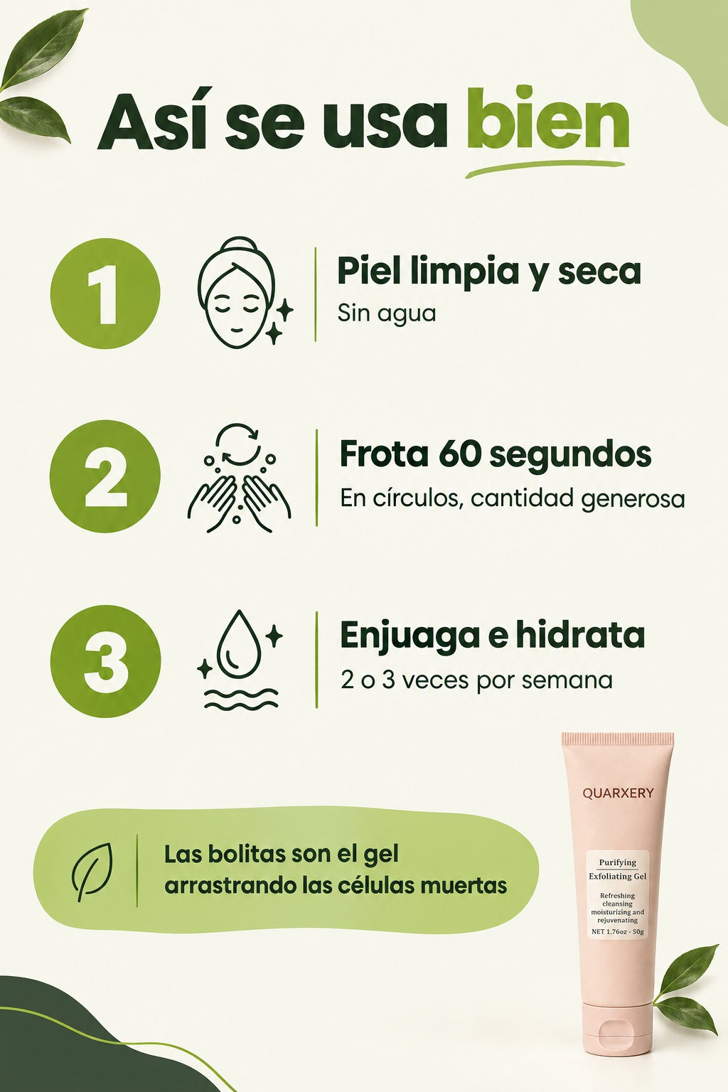 Así se usa bien: piel limpia y seca, frota 60 segundos, enjuaga e hidrata; 2 o 3 veces por semana