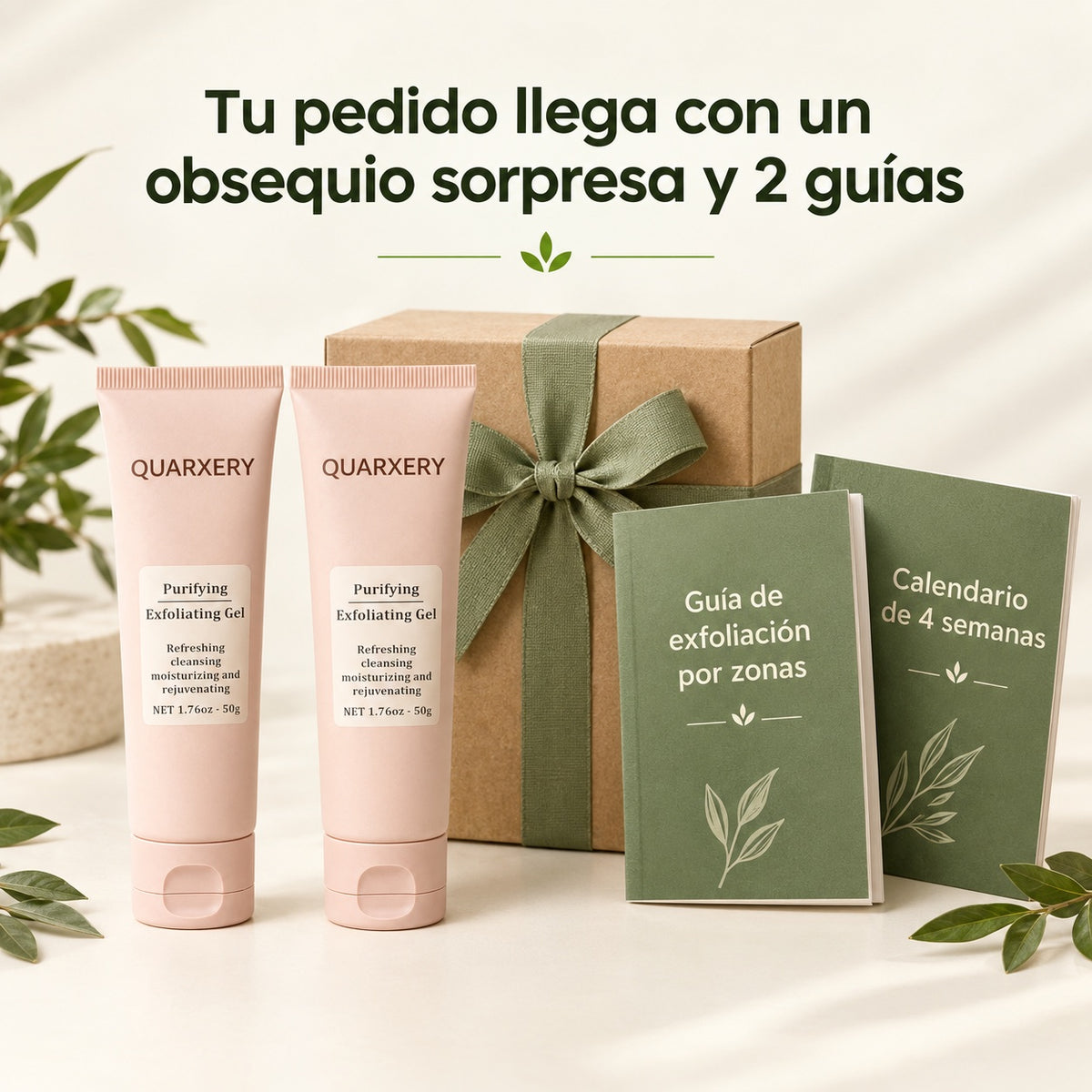 Tu pedido llega con un obsequio sorpresa y 2 guías: Guía de exfoliación por zonas y Calendario de 4 semanas