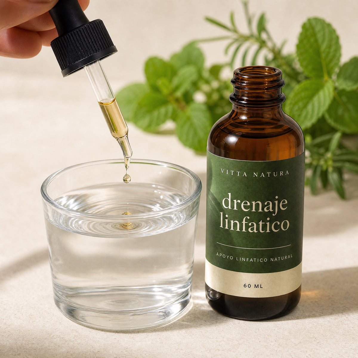 Modo de uso: gotero del Drenaje Linfático VittaNatura dosificando en un vaso de agua