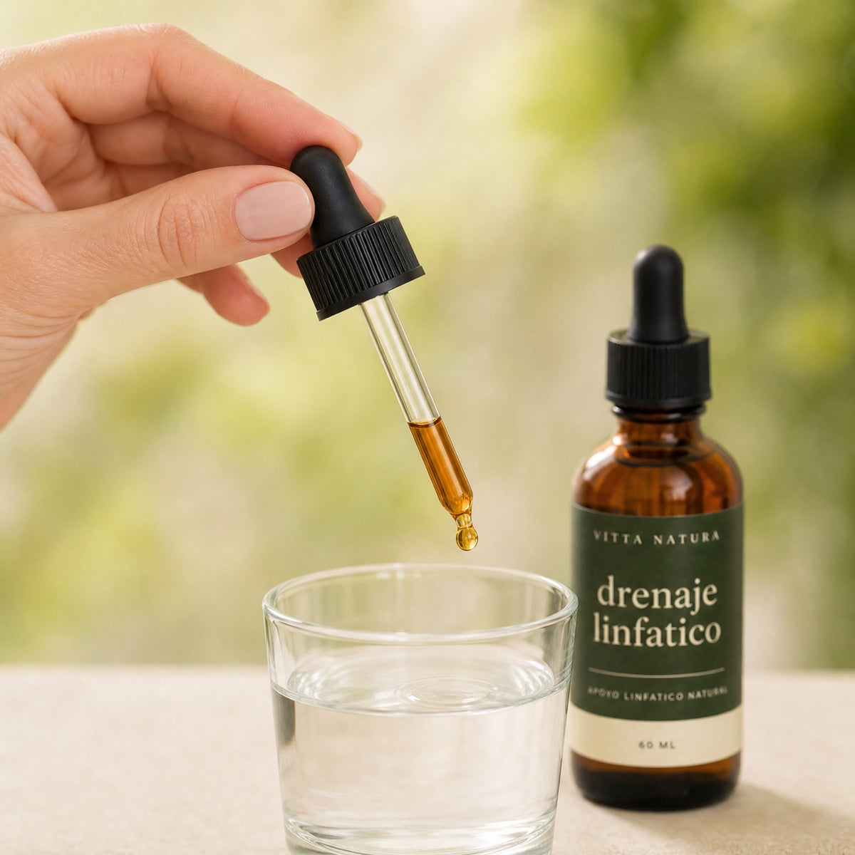 Gota de Drenaje Linfático VittaNatura cayendo en un vaso de agua